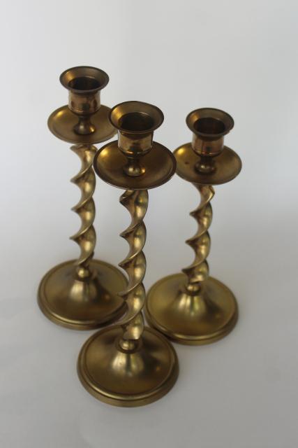 photo of vintage tall solid brass candlesticks, ribbon twist trio graduated sizes candle holders set #2