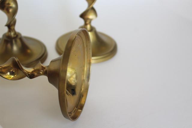 photo of vintage tall solid brass candlesticks, ribbon twist trio graduated sizes candle holders set #3