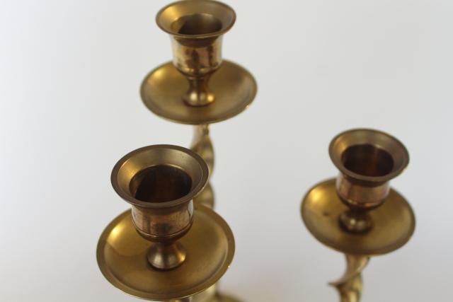 photo of vintage tall solid brass candlesticks, ribbon twist trio graduated sizes candle holders set #4