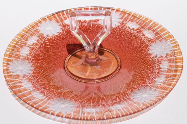 photo of vintage tangerine orange stretch glass crackle finish cut to clear plate w/ center handle #1