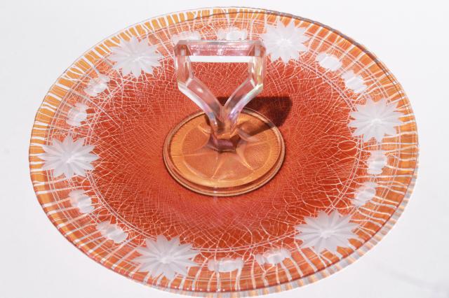 photo of vintage tangerine orange stretch glass crackle finish cut to clear plate w/ center handle #4