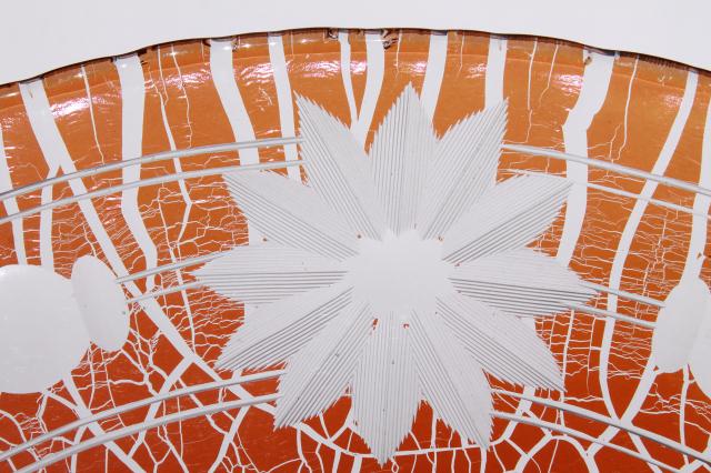 photo of vintage tangerine orange stretch glass crackle finish cut to clear plate w/ center handle #7