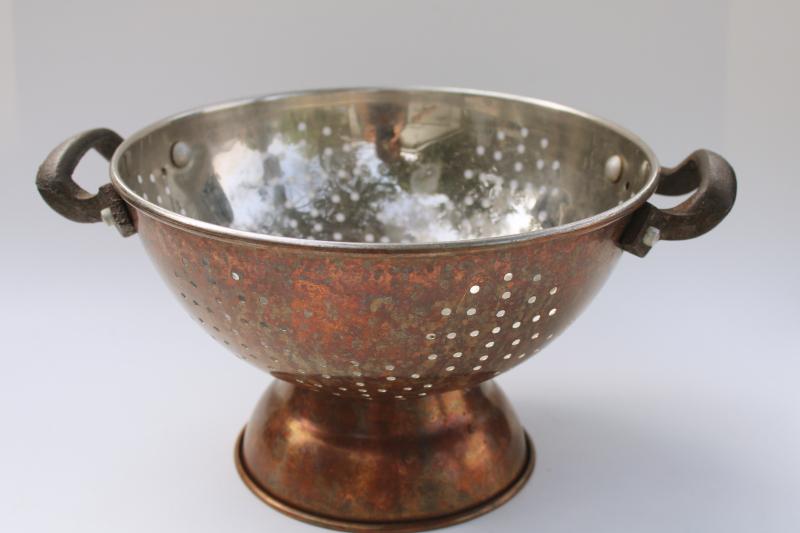 photo of vintage tarnished copper colander w/ iron handles old French country kitchen style #1