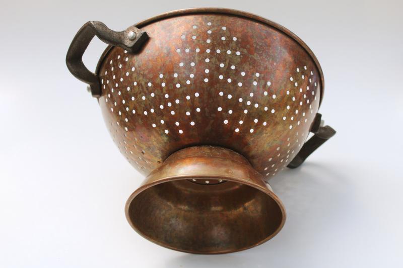 photo of vintage tarnished copper colander w/ iron handles old French country kitchen style #7