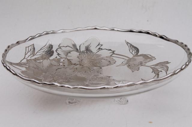 photo of vintage tarnished silver overlay glass dish, footed serving tray or shallow bowl #1