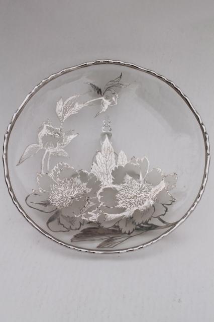 photo of vintage tarnished silver overlay glass dish, footed serving tray or shallow bowl #3