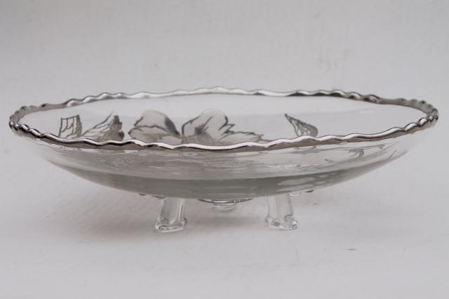 photo of vintage tarnished silver overlay glass dish, footed serving tray or shallow bowl #6