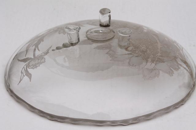 photo of vintage tarnished silver overlay glass dish, footed serving tray or shallow bowl #7