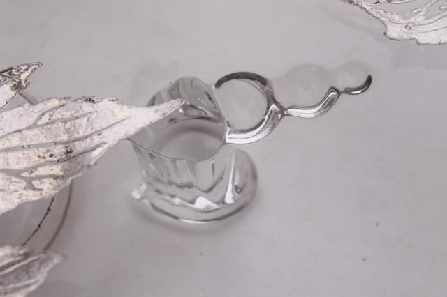 photo of vintage tarnished silver overlay glass dish, footed serving tray or shallow bowl #9