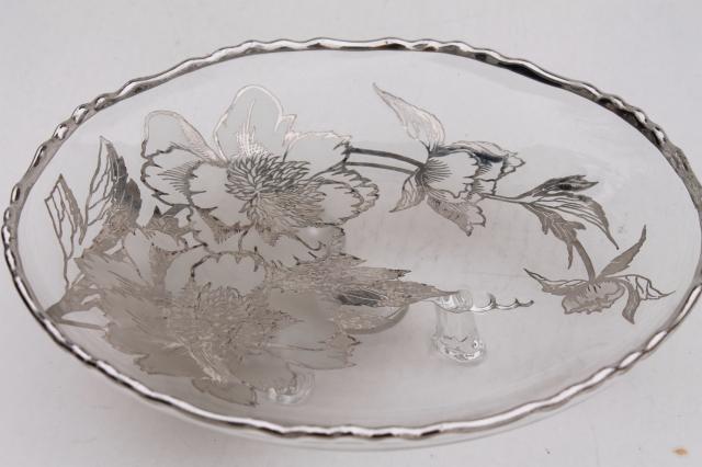 photo of vintage tarnished silver overlay glass dish, footed serving tray or shallow bowl #10