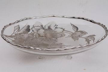 catalog photo of vintage tarnished silver overlay glass dish, footed serving tray or shallow bowl