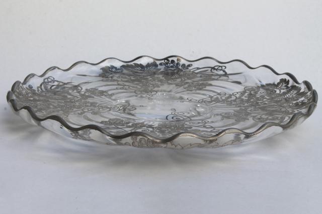 photo of vintage tarnished silver overlay glass plate, footed serving tray or cake stand #2