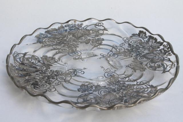 photo of vintage tarnished silver overlay glass plate, footed serving tray or cake stand #3