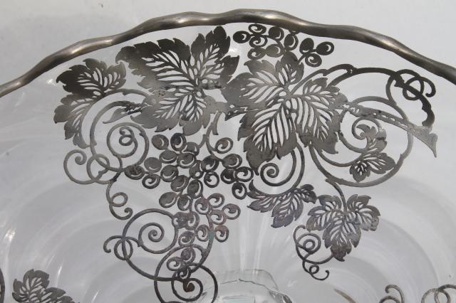 photo of vintage tarnished silver overlay glass plate, footed serving tray or cake stand #4