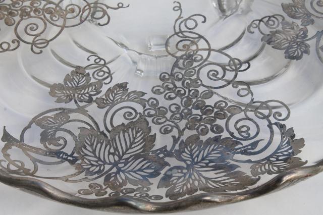 photo of vintage tarnished silver overlay glass plate, footed serving tray or cake stand #6