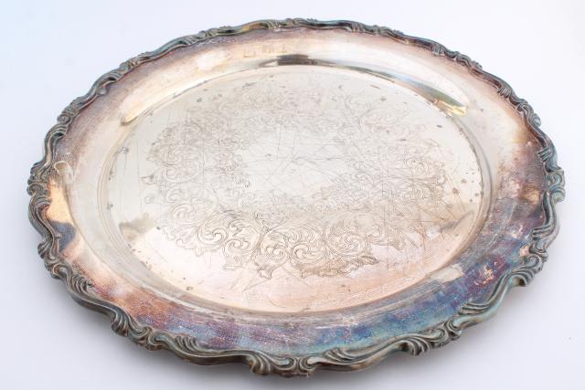 photo of vintage tarnished silver plate round platter or serving tray, rustic wedding cake plate #1