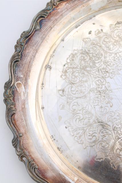 photo of vintage tarnished silver plate round platter or serving tray, rustic wedding cake plate #4