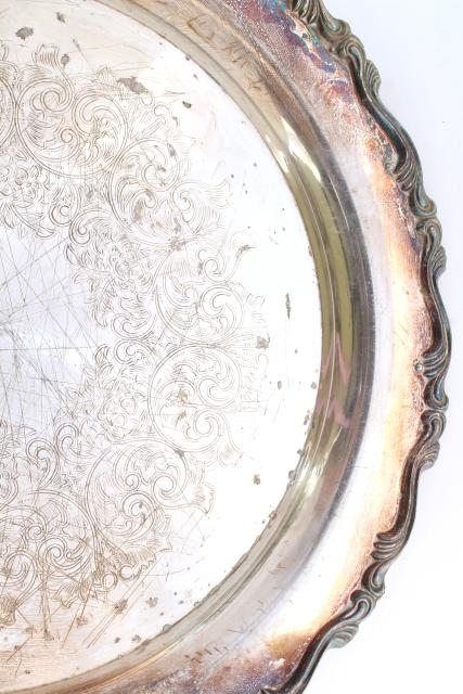 photo of vintage tarnished silver plate round platter or serving tray, rustic wedding cake plate #6