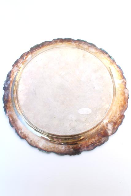 photo of vintage tarnished silver plate round platter or serving tray, rustic wedding cake plate #9