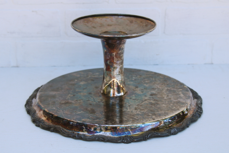 photo of vintage tarnished silver plated cake stand, pedestal plate for serving tray or display #4