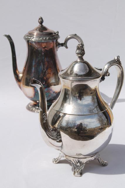 photo of vintage tarnished silver teapots, mis-matched silver tea pot & coffee set #1