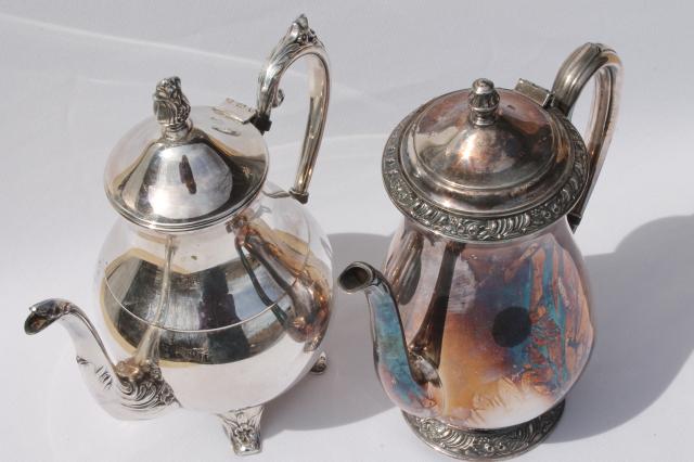 photo of vintage tarnished silver teapots, mis-matched silver tea pot & coffee set #5