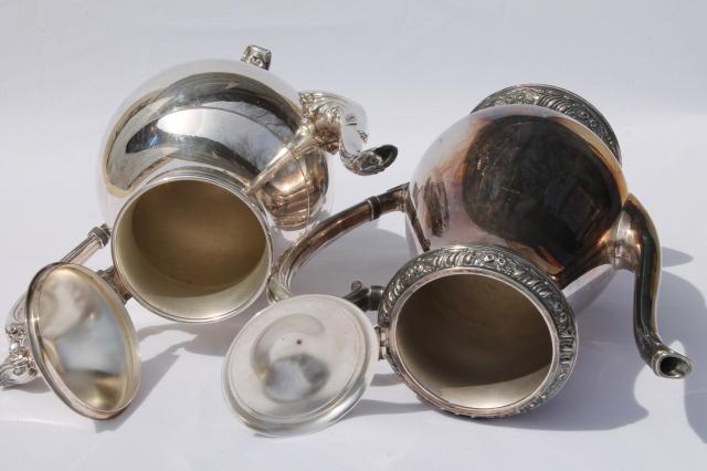 photo of vintage tarnished silver teapots, mis-matched silver tea pot & coffee set #6