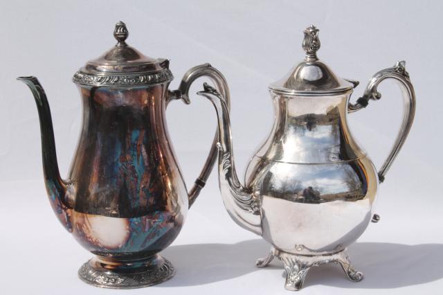 photo of vintage tarnished silver teapots, mis-matched silver tea pot & coffee set #12