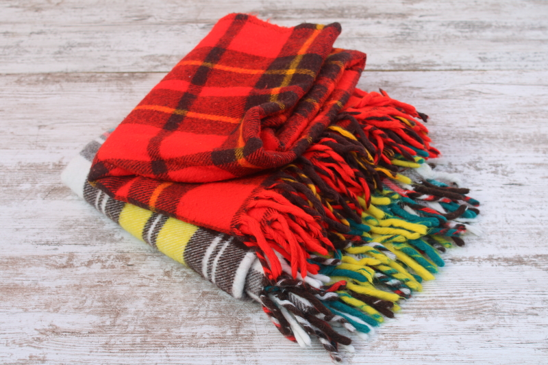 photo of vintage tartan plaid fringed throws, camp or stadium blankets, red w/ black, yellow w/ teal  #1