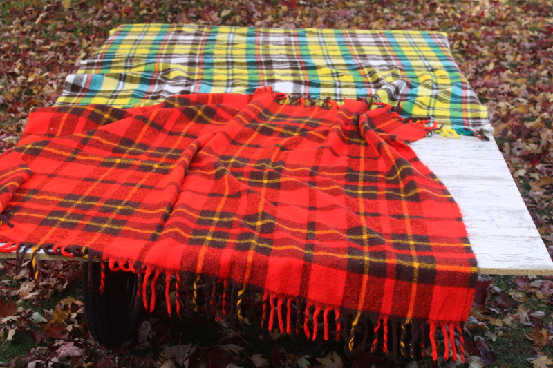 photo of vintage tartan plaid fringed throws, camp or stadium blankets, red w/ black, yellow w/ teal  #2