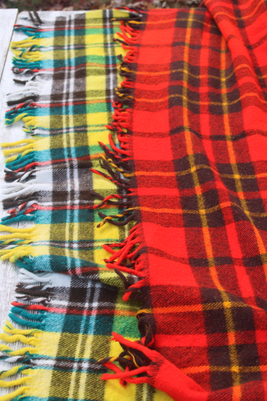 photo of vintage tartan plaid fringed throws, camp or stadium blankets, red w/ black, yellow w/ teal  #3