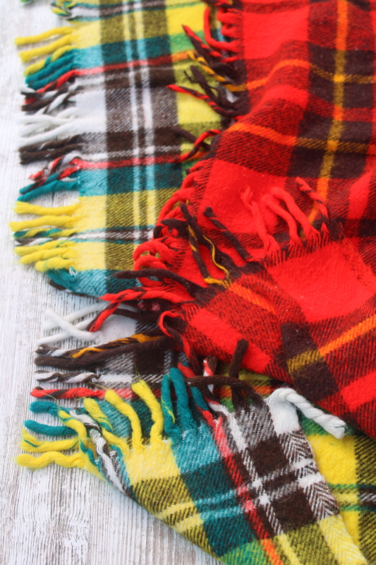 photo of vintage tartan plaid fringed throws, camp or stadium blankets, red w/ black, yellow w/ teal  #4