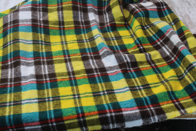 photo of vintage tartan plaid fringed throws, camp or stadium blankets, red w/ black, yellow w/ teal  #5