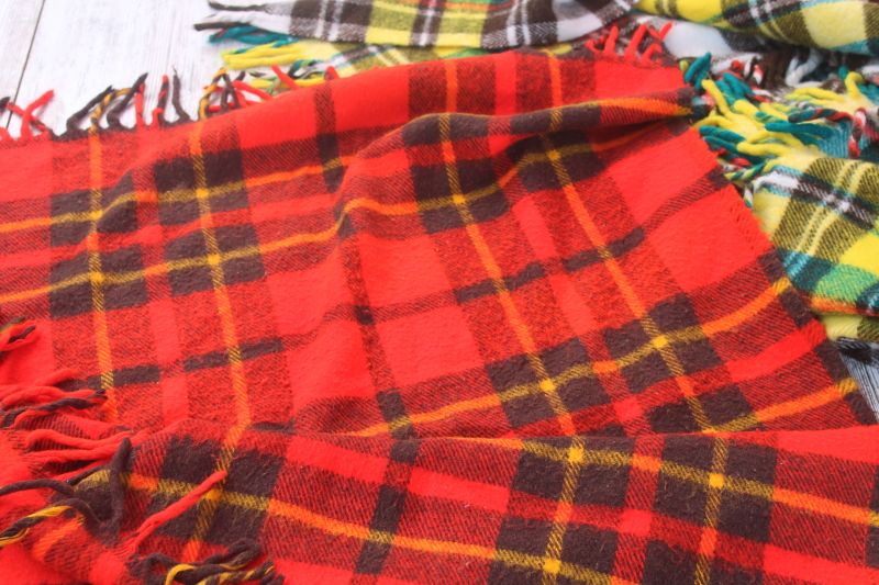 photo of vintage tartan plaid fringed throws, camp or stadium blankets, red w/ black, yellow w/ teal  #6