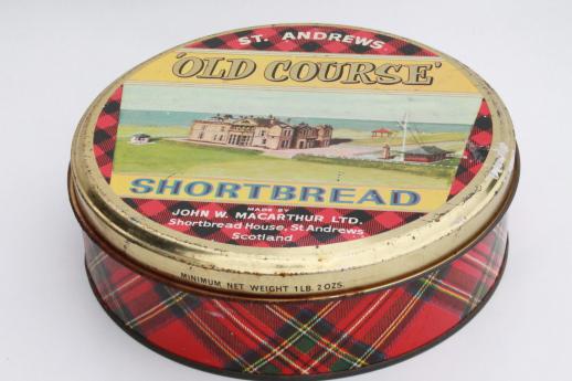 photo of vintage tartan ware Scottish shortbread tin w/ St. Andrews old course golf scene #1