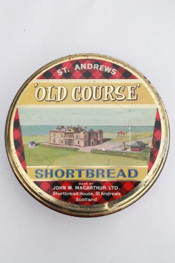 photo of vintage tartan ware Scottish shortbread tin w/ St. Andrews old course golf scene #2