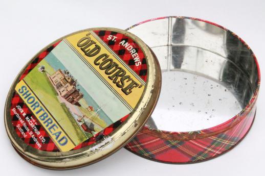 photo of vintage tartan ware Scottish shortbread tin w/ St. Andrews old course golf scene #3