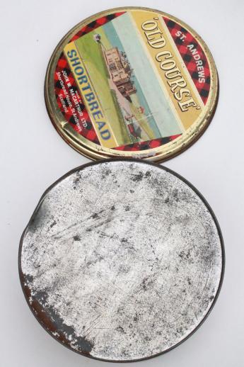 photo of vintage tartan ware Scottish shortbread tin w/ St. Andrews old course golf scene #5