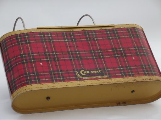 photo of vintage tartanware plaid thermos carrier, 1950s car travel picnic tin #7