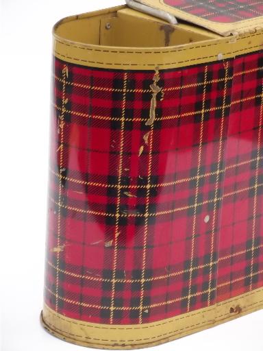 photo of vintage tartanware plaid thermos carrier, 1950s car travel picnic tin #9