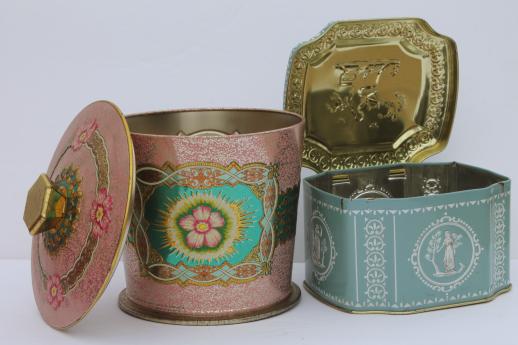 photo of vintage tea & biscuit tins lot, collection of pretty floral metal tin canisters #7