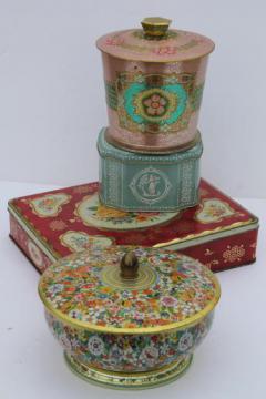 catalog photo of vintage tea & biscuit tins lot, collection of pretty floral metal tin canisters