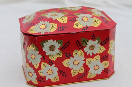 photo of vintage tea caddy tin, metal toleware box w/ tea blossom flowers on Chinese red #1