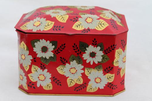 photo of vintage tea caddy tin, metal toleware box w/ tea blossom flowers on Chinese red #3