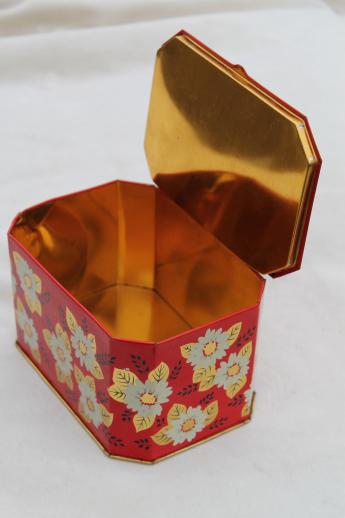 photo of vintage tea caddy tin, metal toleware box w/ tea blossom flowers on Chinese red #4