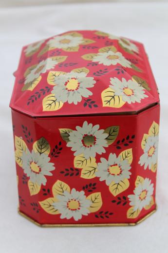 photo of vintage tea caddy tin, metal toleware box w/ tea blossom flowers on Chinese red #5