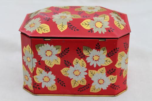 photo of vintage tea caddy tin, metal toleware box w/ tea blossom flowers on Chinese red #6