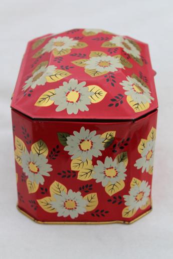 photo of vintage tea caddy tin, metal toleware box w/ tea blossom flowers on Chinese red #7