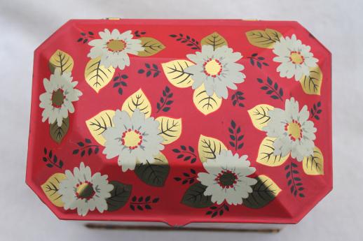 photo of vintage tea caddy tin, metal toleware box w/ tea blossom flowers on Chinese red #8