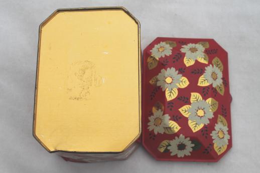 photo of vintage tea caddy tin, metal toleware box w/ tea blossom flowers on Chinese red #10